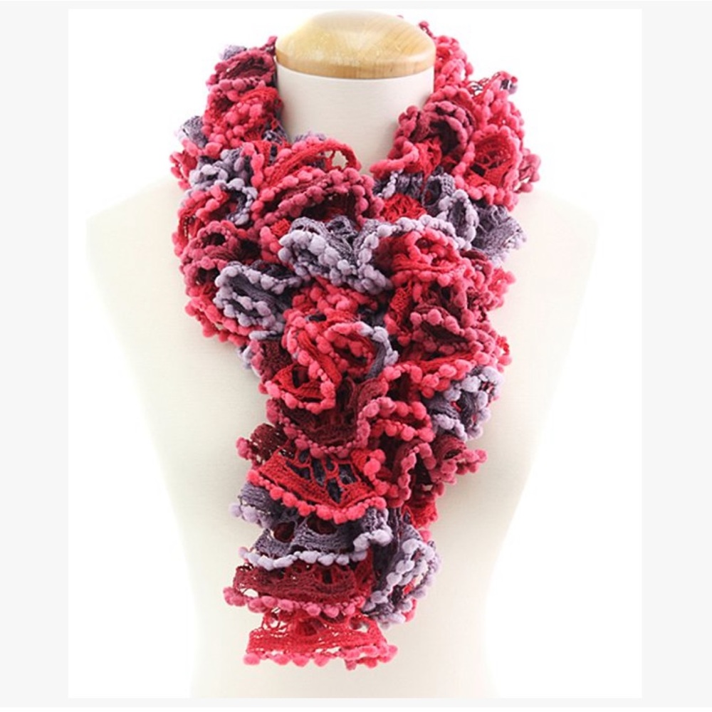 Red and Purple crocheted scarf. 78”